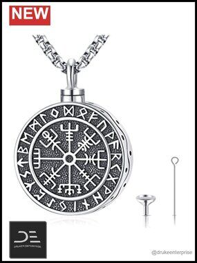 Sterling Silver Cremation Urn Necklace Viking Compass Memorial Pendant